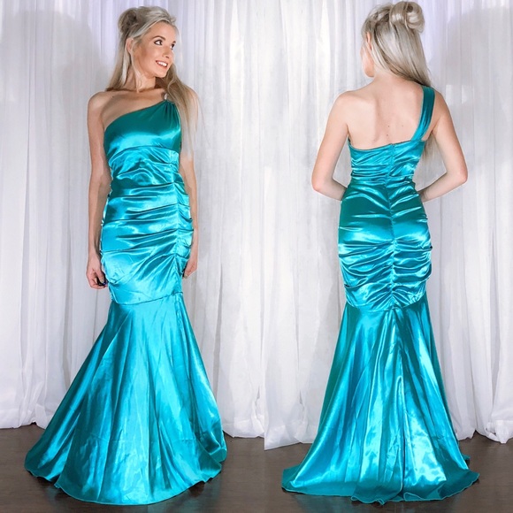 Blondie Nites Dresses & Skirts - Teal Satin One Shoulder Mermaid Homecoming Dress